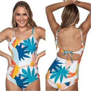 JANELA BAY Fun Palm Scoop Neck One-Piece Swimsuit Tie Back Full Coverage Women M